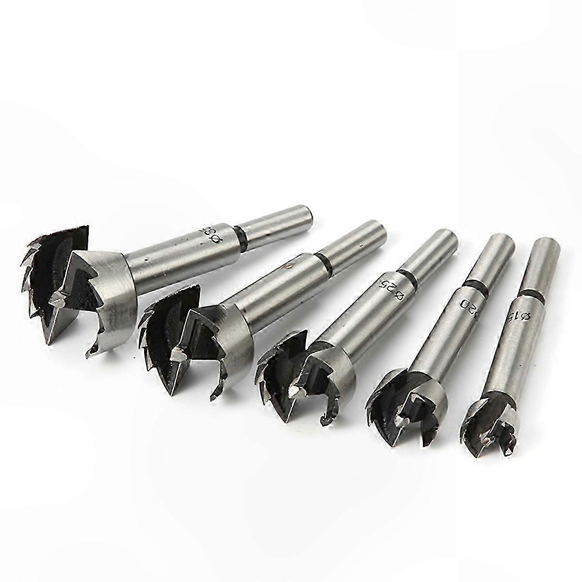 5PCS Woodworking Drill Bits Set, 15-35mm Forstner Bit, Round Shank Steel Cutter for Hinge Boring and Hole Saw Tasks