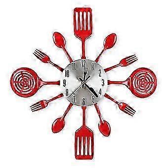 16 Inch Kitchen Wall Clocks with Spoons and Forks,3D Tableware Wall Clock Room (Red)