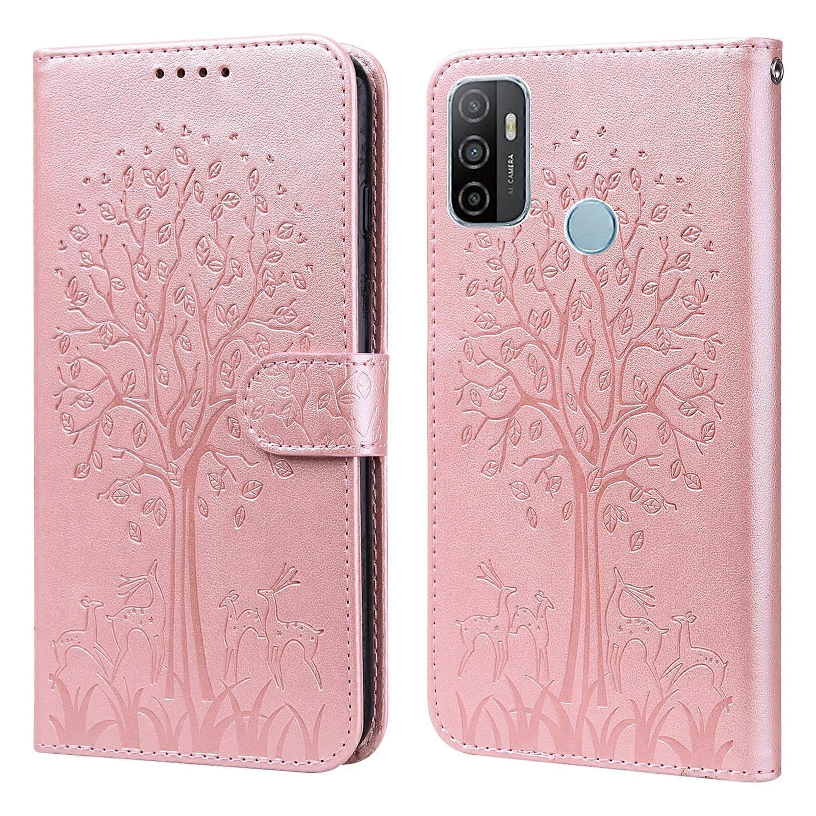 For OPPO A32 / A33 / A52 / A52s Tree & Deer Pattern Pressed Printing Horizontal Flip Leather Phone Case