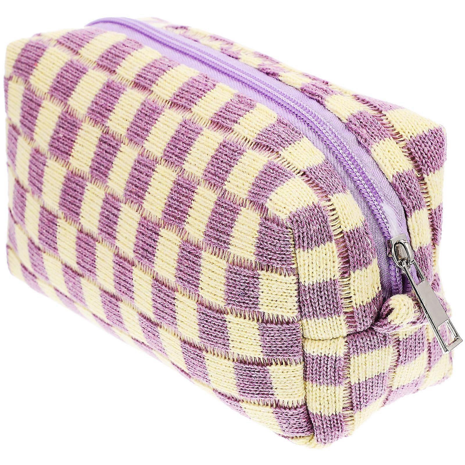 Violet Checkered Woolen Yarn Makeup Bag for Toiletry Storage 5Pcs Set