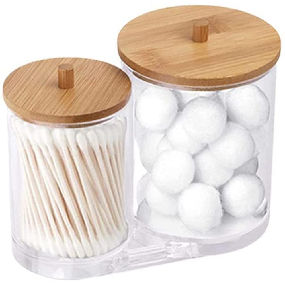 Cotton Swab Pads Holder with Bamboo , Acrylic Qtip Holder Ball Dispenser Cotton Round Pad