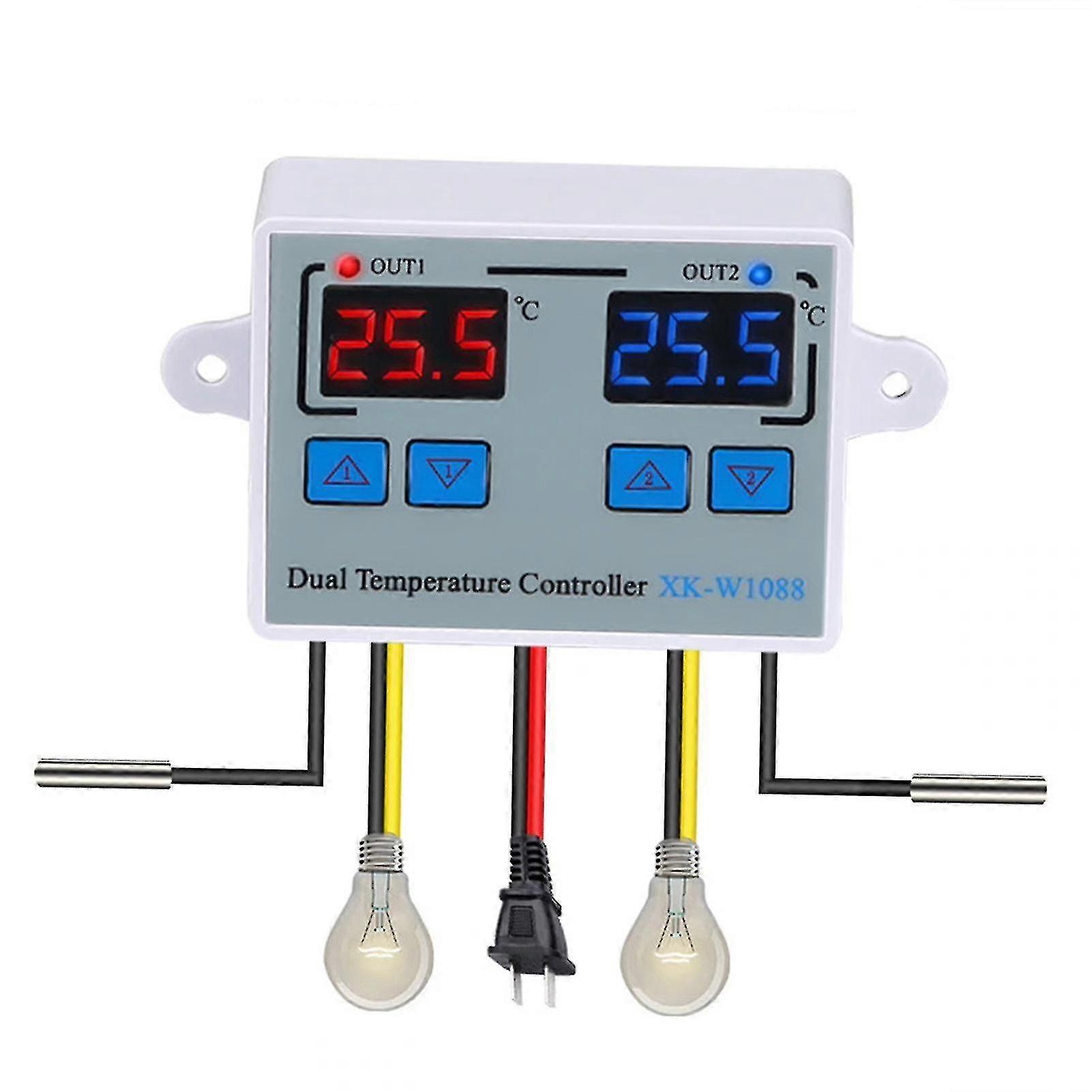Dual Digital Thermostat Temperature Controller with Two Relay Output for Incubator Heating and Cooling, XK-W1088 AC110-220V