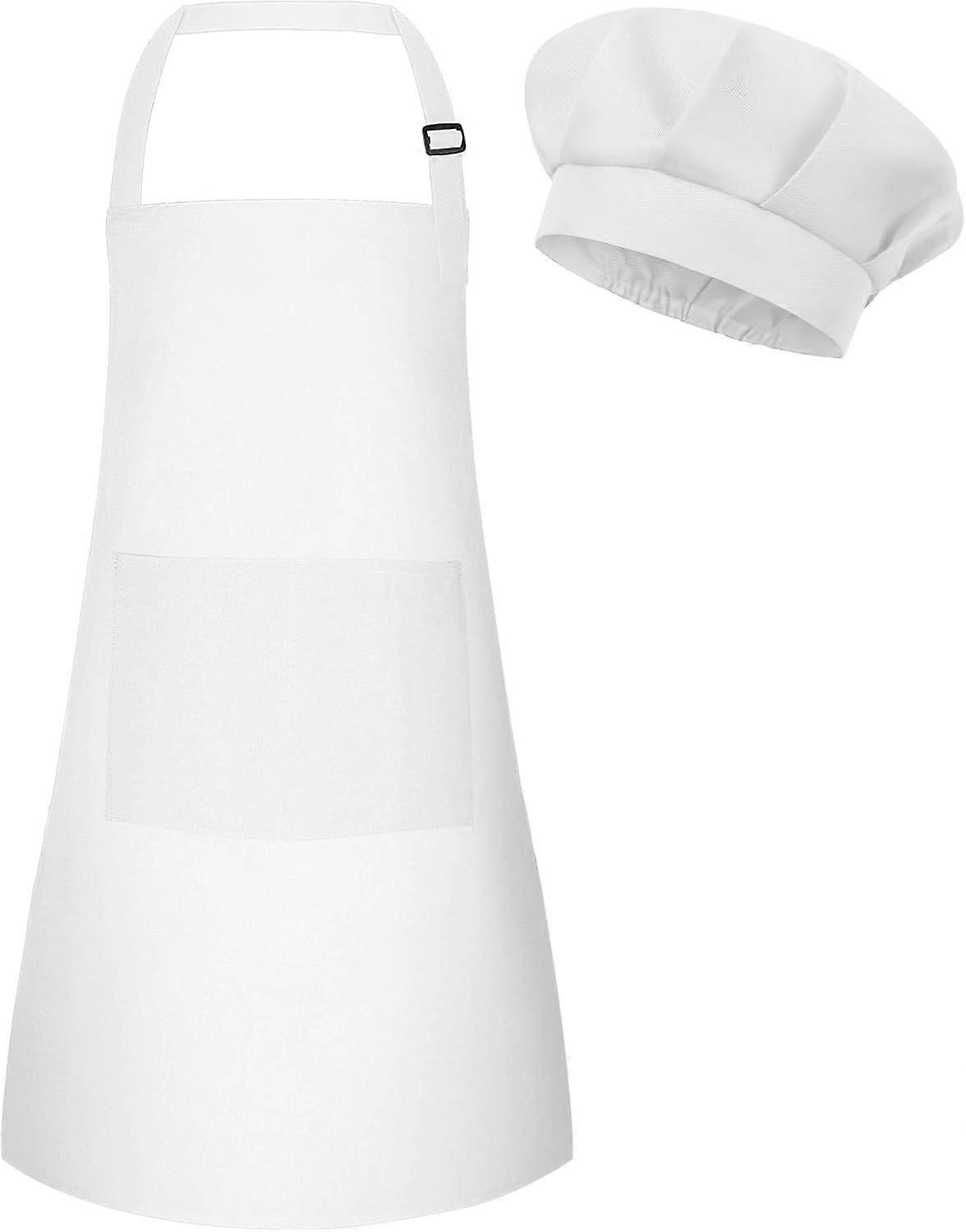 Kids Apron and Chef Hat Set Adjustable Chef Art Apron with 2 Pockets Toddler Chef Hat and Apron for Cooking Baking Painting (White) A-white Small