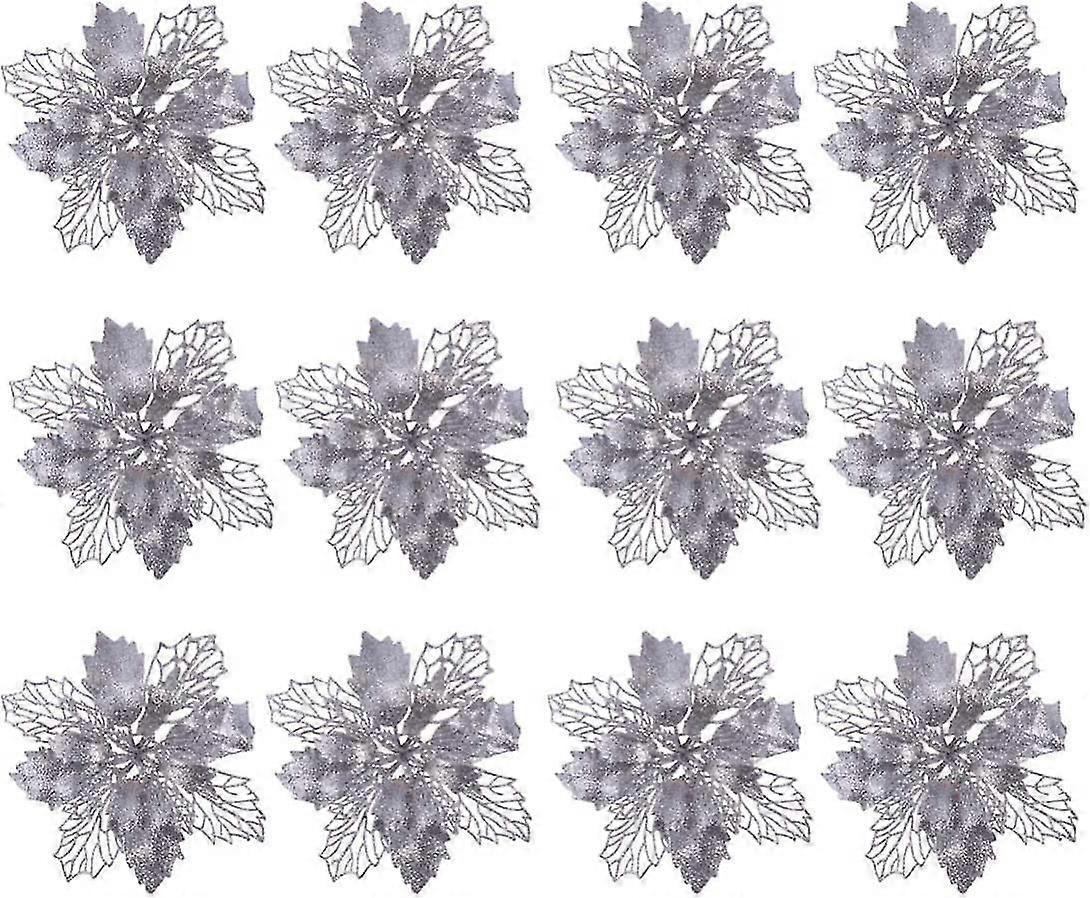 12 件圣诞花一品红闪光一品红人造圣诞一品红圣诞树装饰品圣诞装饰品花（银色）