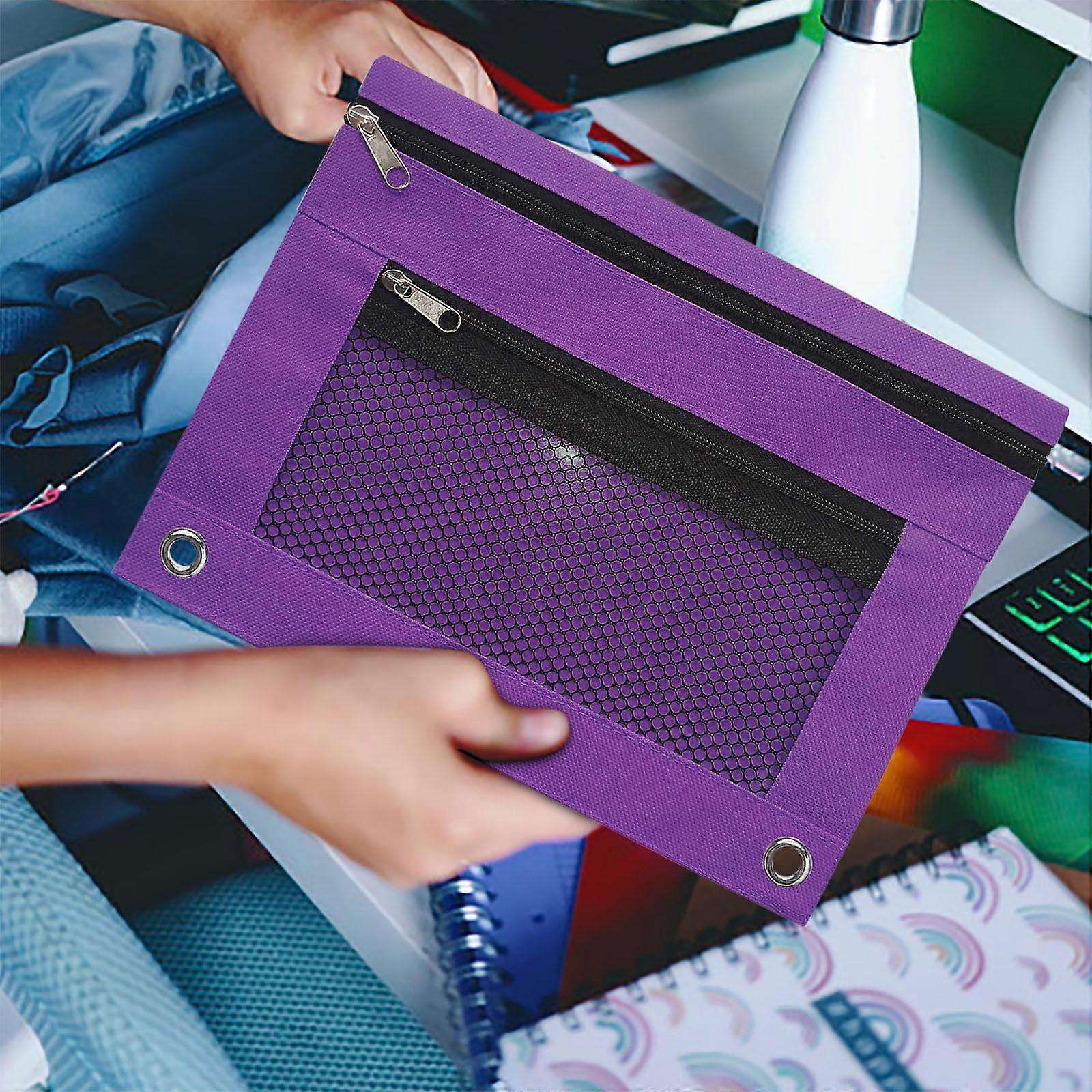 2PC Large Pencil Pouch for 3 Ring Binder, Mesh Zipper Pen Case with Clear Window, Black Fabric Organizer Compatible with Loose Leaf Binders