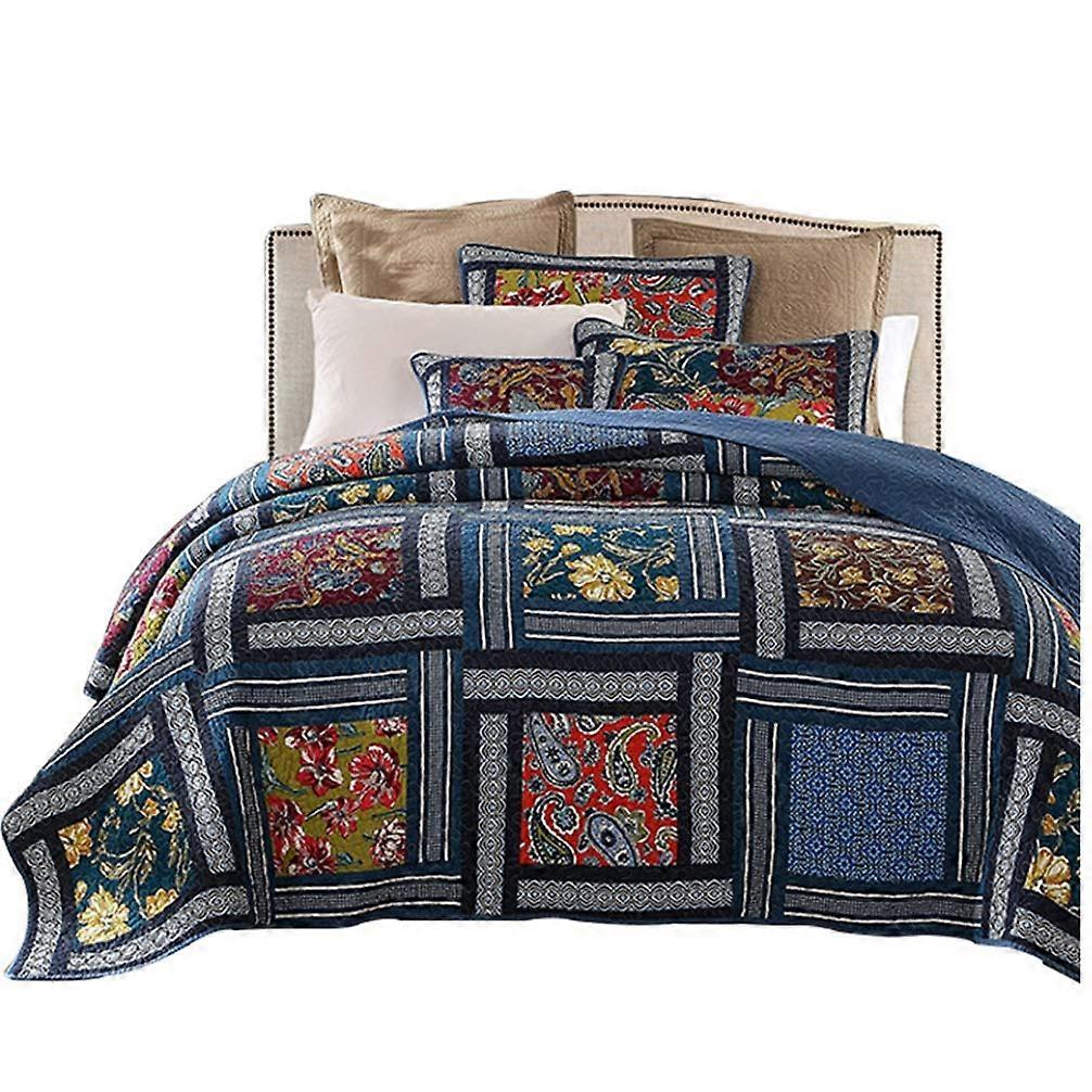 3 Piece Cotton Quilted Bedspread Set, Patchwork Blue Sofa Blanket, 230x250cm & 259x269cm