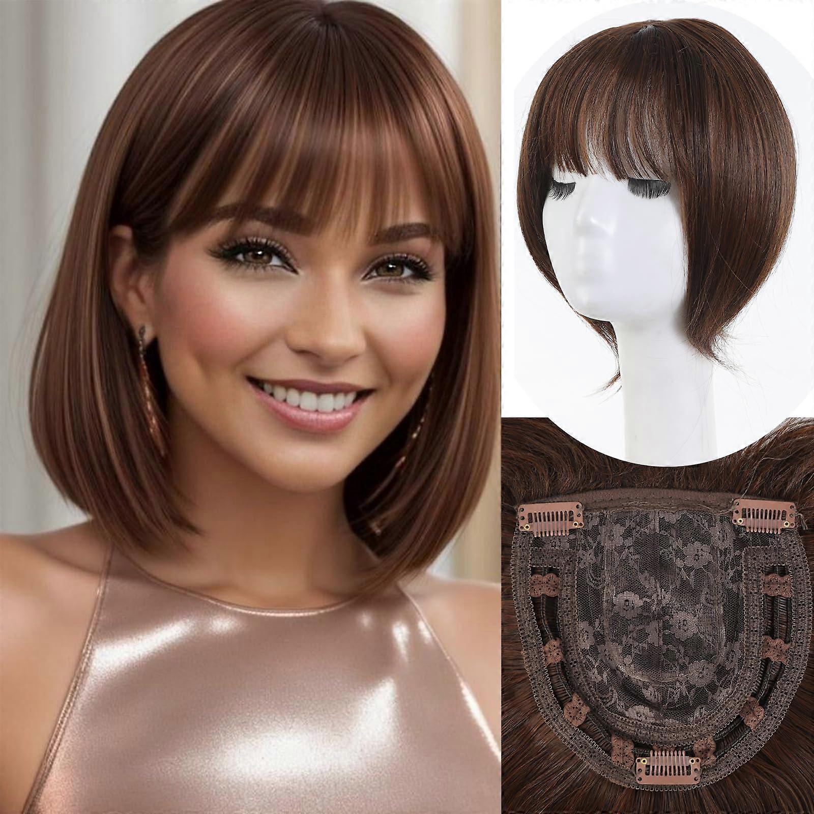 Brown Short Bob Hair Topper with Bangs for Women, Instant Volume and Grey Root Coverage