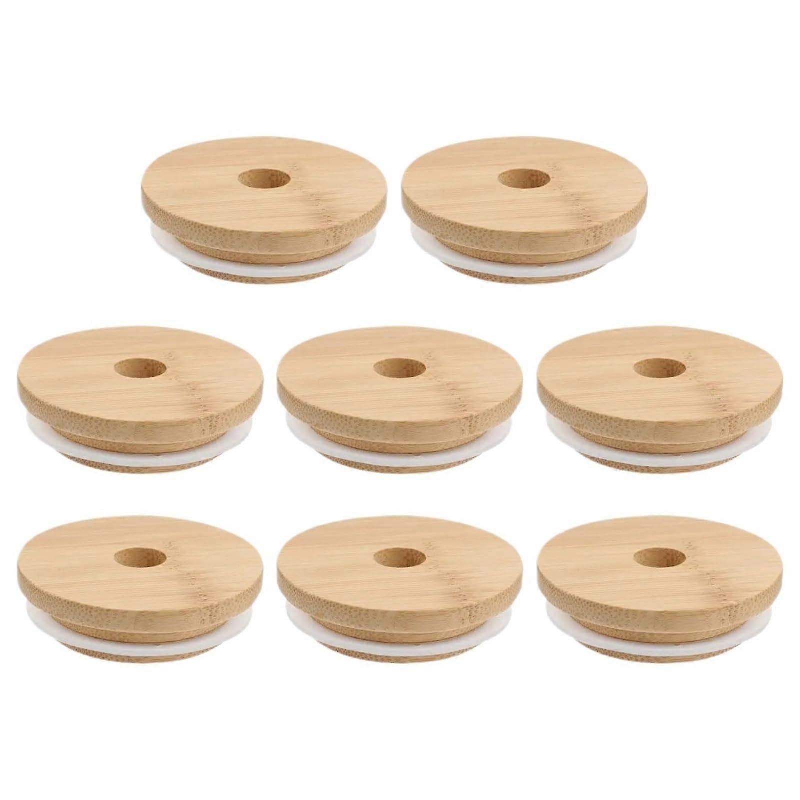 Bamboo Cup Lids 16pcs Leakproof Double Seal Reusable Bamboo Jar Lids with Straw Hole for Mason Jars