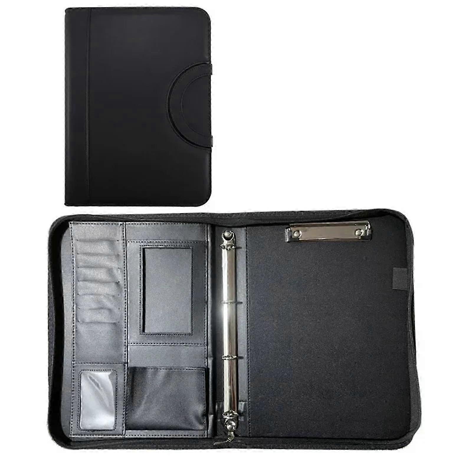 26-27 Leather Binder, Conference Folder with Zipper, Document Holder (Black)