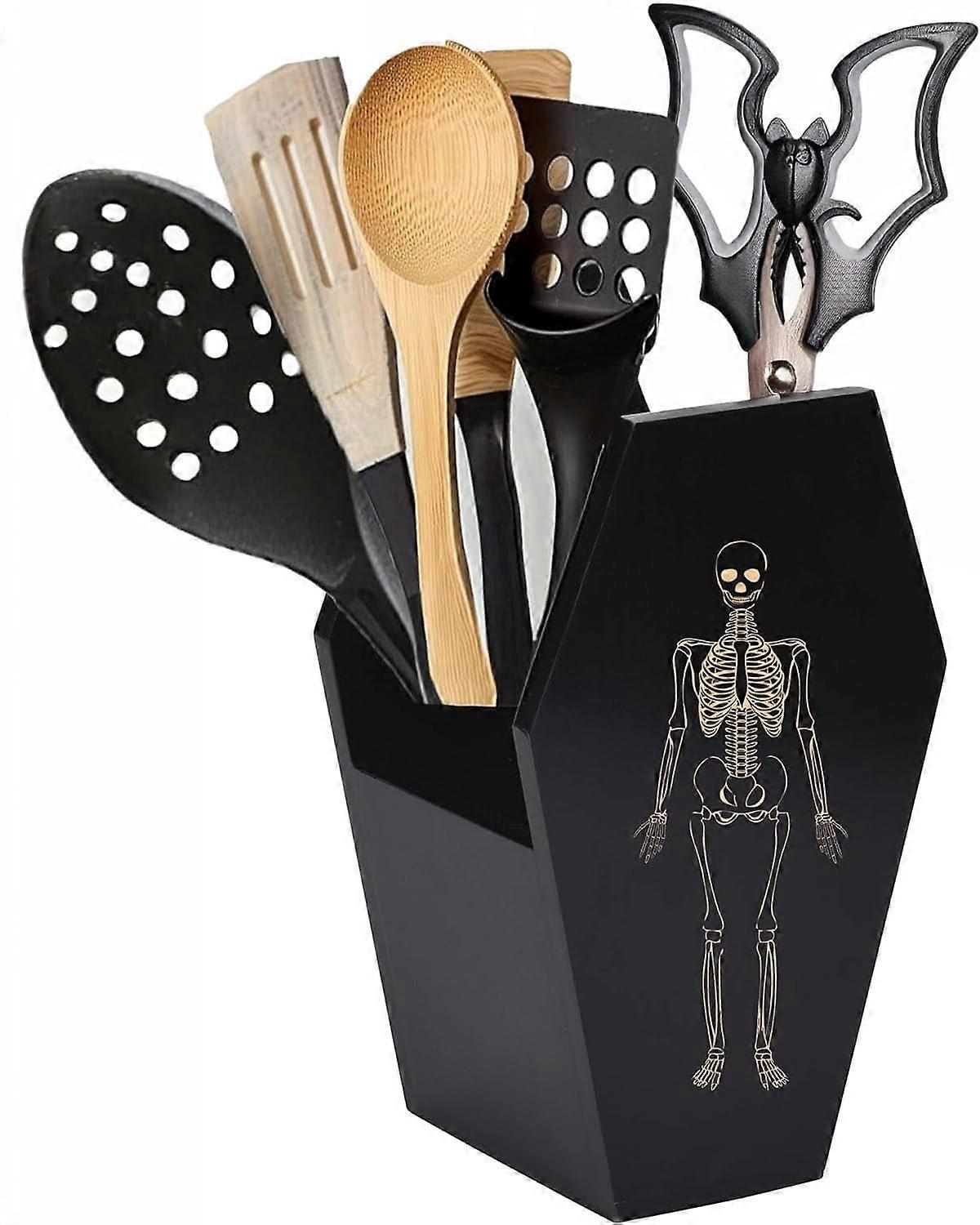 Gothic Coffin Kitchen Utensil Holder with DualSided Skeleton Etching, Large Capacity Spooky Decor