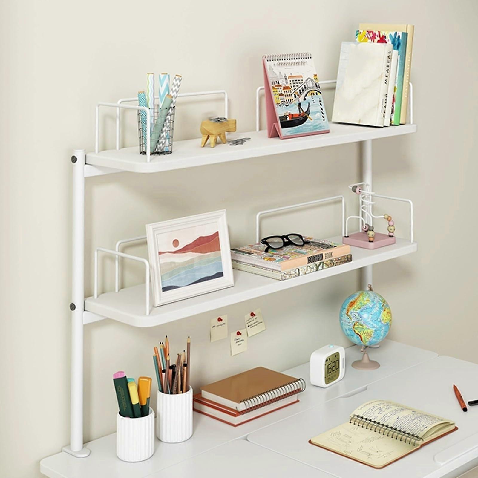 2 Tier Desktop Bookshelf Organizer with Adjustable Office Storage Shelf, Iron Frame, Guardrails, White