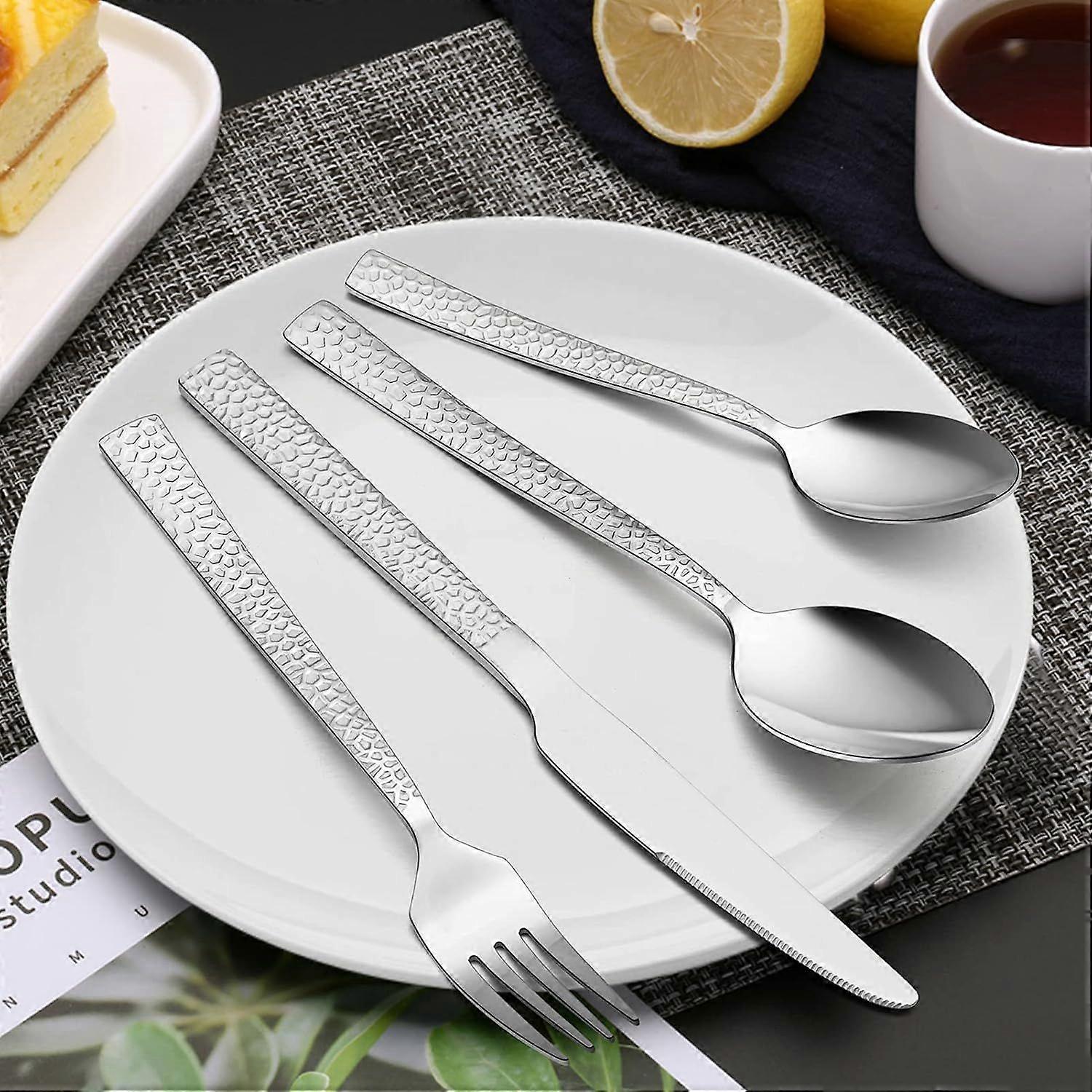 Cutlery Set,Stainless Steel 32 Piece Cutlery Flatware Sets - Hammered Silverware