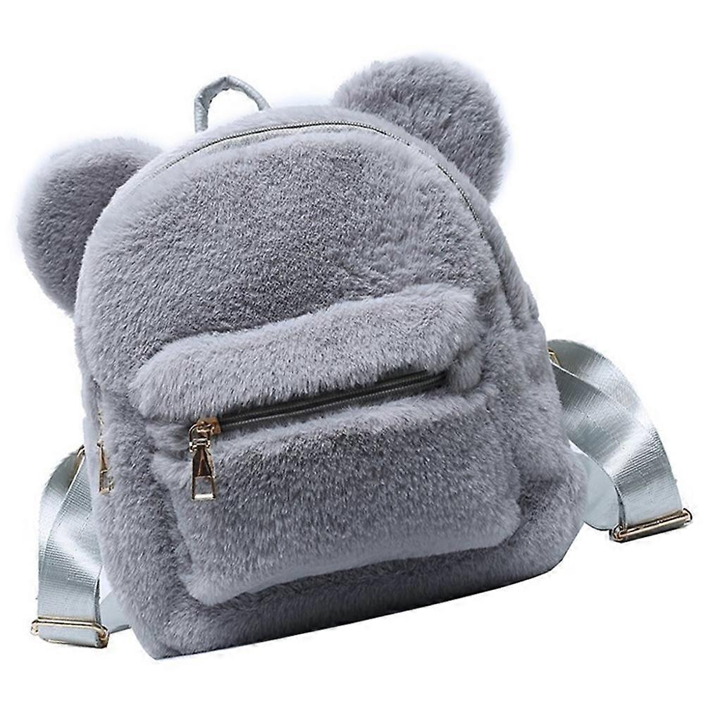 Plush Bear Ear Backpack for Storage Creative Fluffy Backpack Grey Color