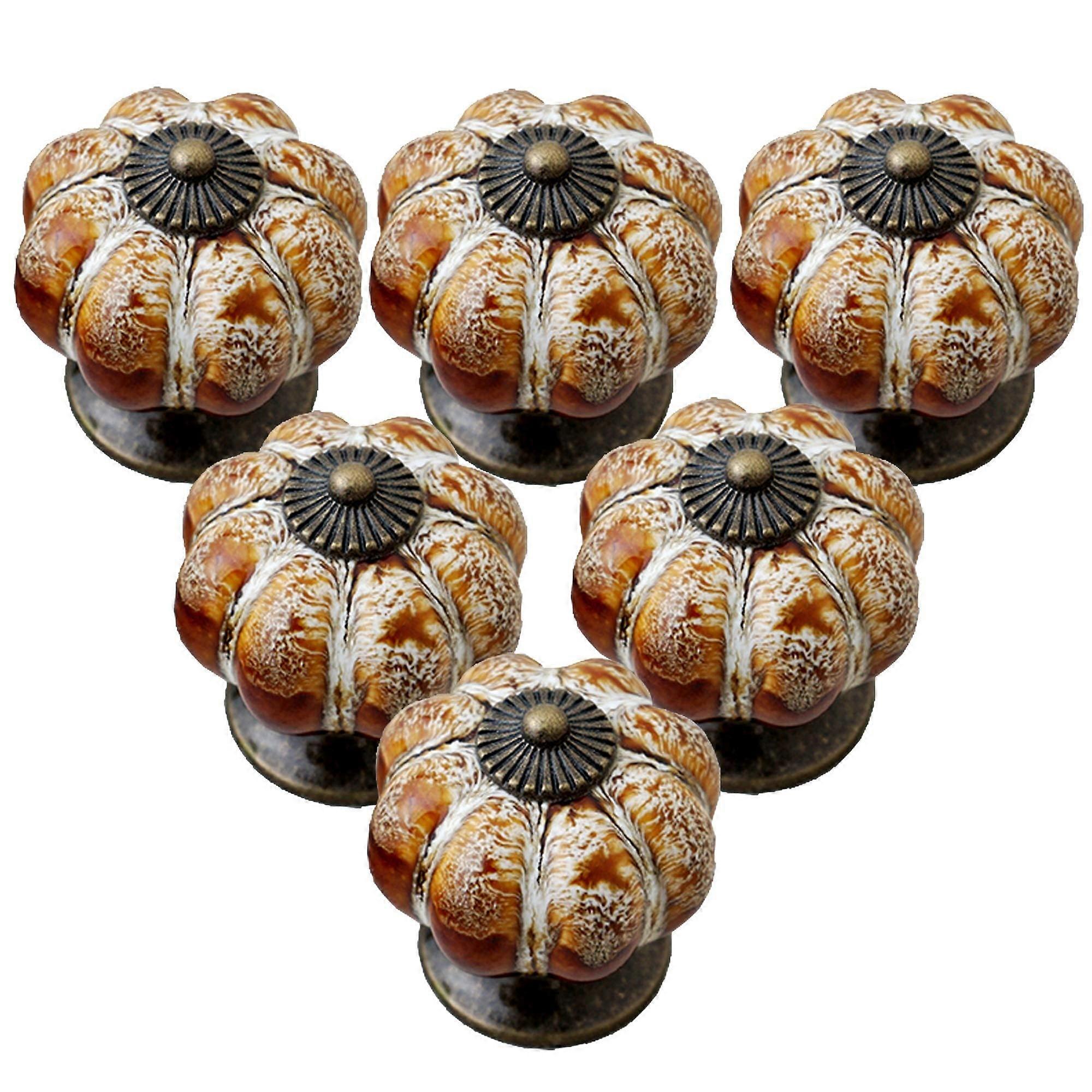 Cabinet Knobs with Pumpkin Shape Vintage Ceramic Knobs for Decorative Closet Drawers Pull Handle 6 Pack (Brown)