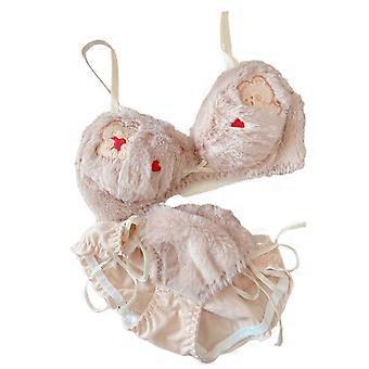 Womens Cute Bear Print 2Pcs Plush Bra and Tie Side Panty Set Furry Wireless Bralette Underwear Cosplay Anime Lingerie apricot Xy