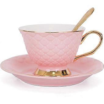 Tasse à café en porcelaine rose Vintage 8 onces, tasse à thé et soucoupe ensemble et soucoupe avec motif d’échelle décoratif, Vintage