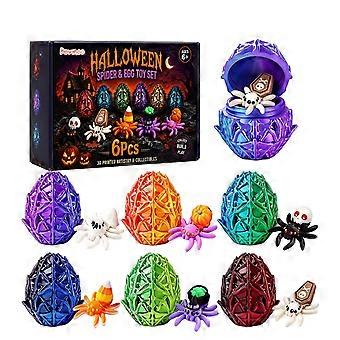 Halloween Spinnen- en Eitjes Speelgoedset 6, Verrassende Uitkomende Spinnenfiguren, Kleurrijke 3D-geprinte Eieren, Leuk Feestartikel voor Kinderen, Spelletjes voor de Vakantie