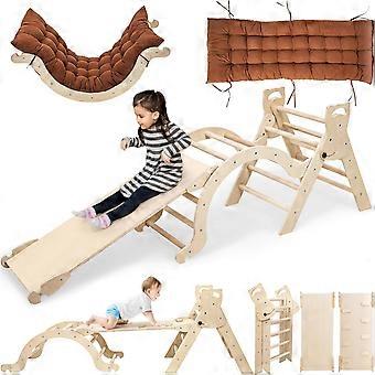 Toddler climbing frame for children aged 1, 2, 3, 4, and 5. Indoor wooden climbing frame with a slide, triangular climbing arch, and cushion. Montessori toy for toddlers.
