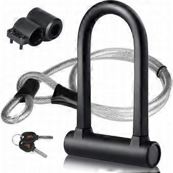 U-lock for bicycles, U-shaped lock + steel cable lock with bracket, 2-in-1 flexible U-lock for bicycles, steel cable