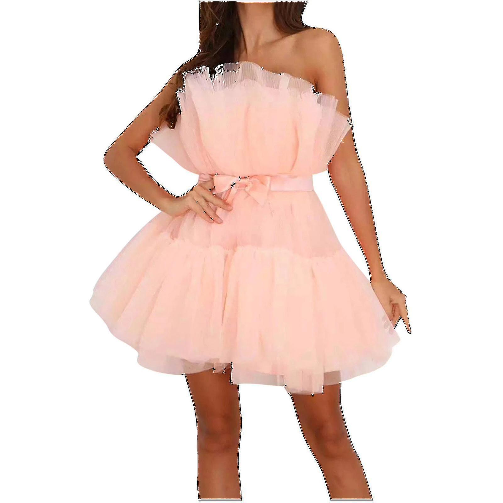 Women Tulle Dress Sleeveless Short Dress Solid Mesh Princess Steapless Party Dress_x
