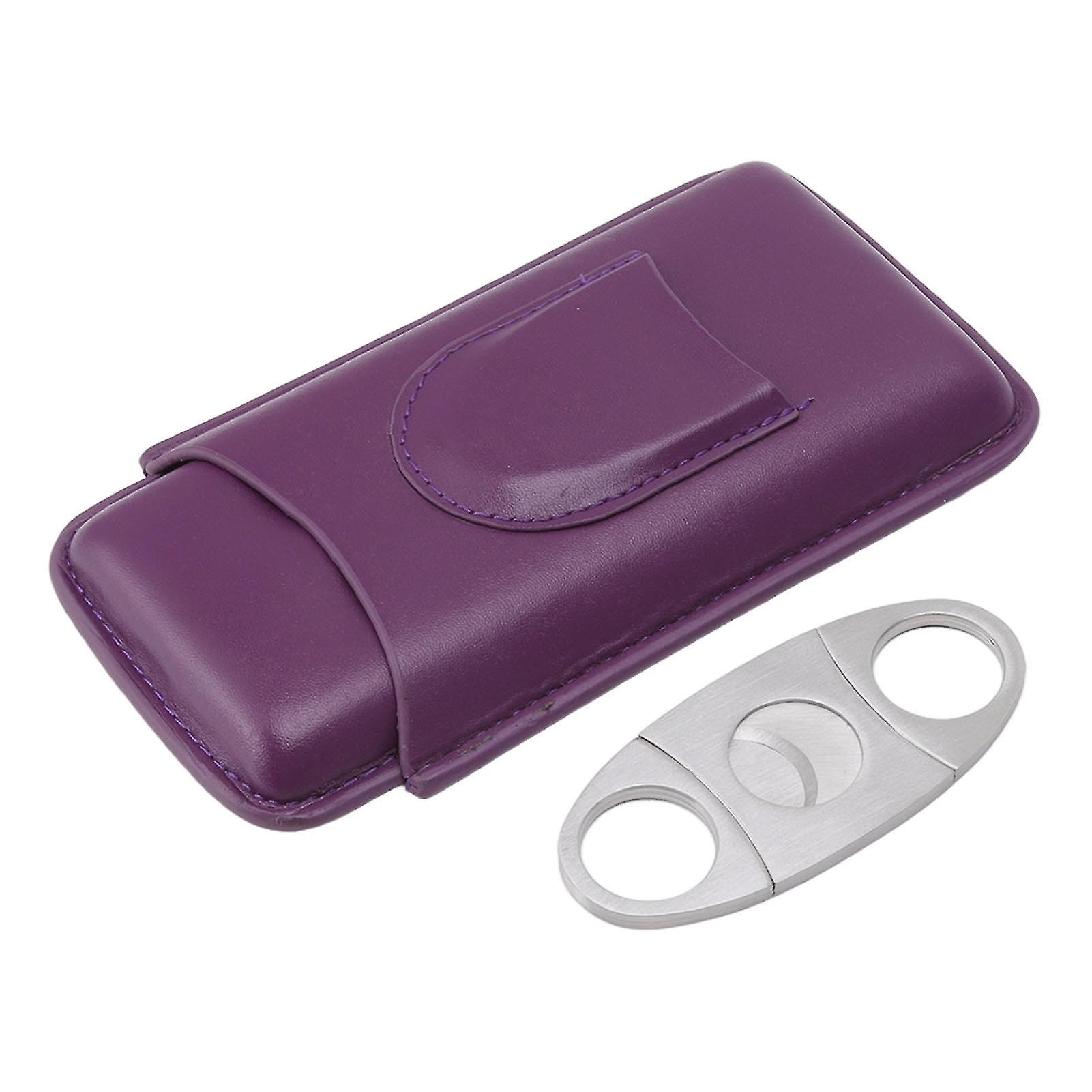 Zigarrenlederetui Tragbarer Reisezigarrenhalter Etui mit Zigarrenschneider für 3 Zigarren Lila