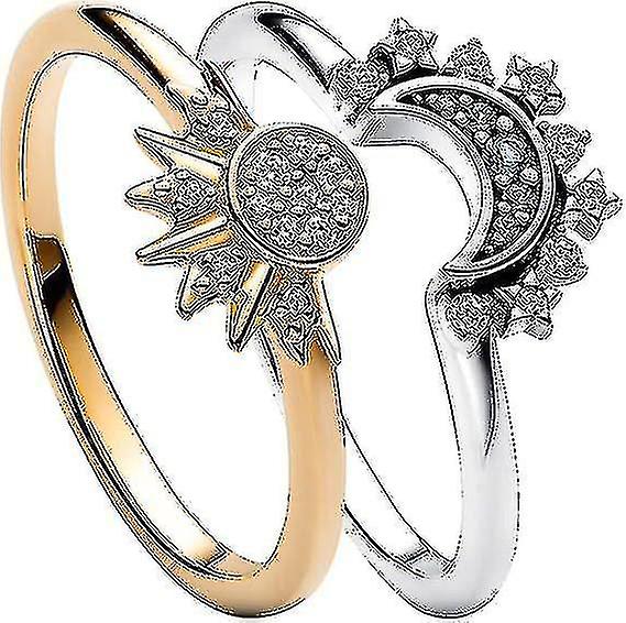 Simple Shining Sun Blue Diamond Moon Women's Two-Piece Ring Set