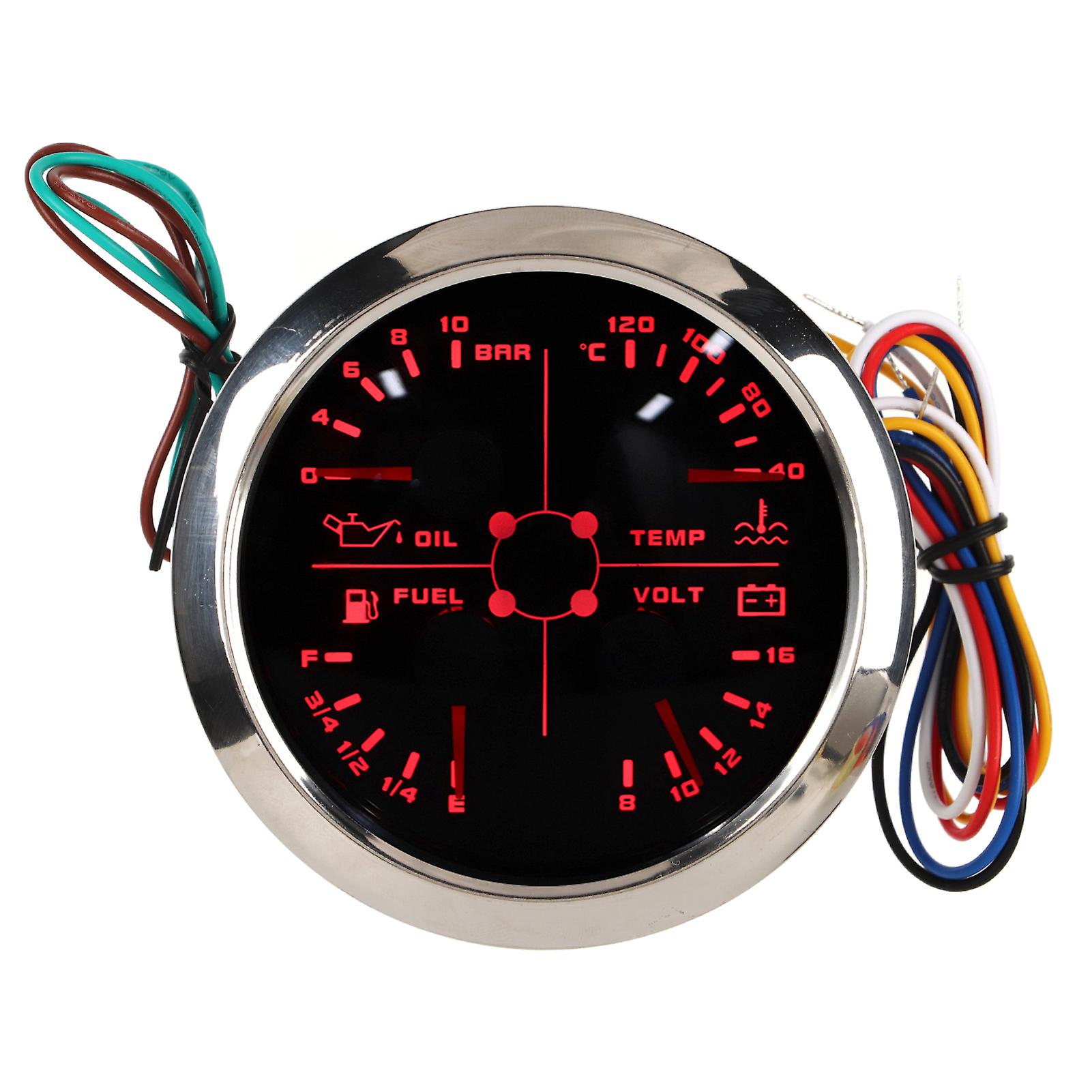 85mm 4 in 1 Multi-function Gauge Fuel Level Oil Pressure Water Temp Voltmeter DC 9-32V for Car RV Boat Motorcycle Black Silver ℃/BAR