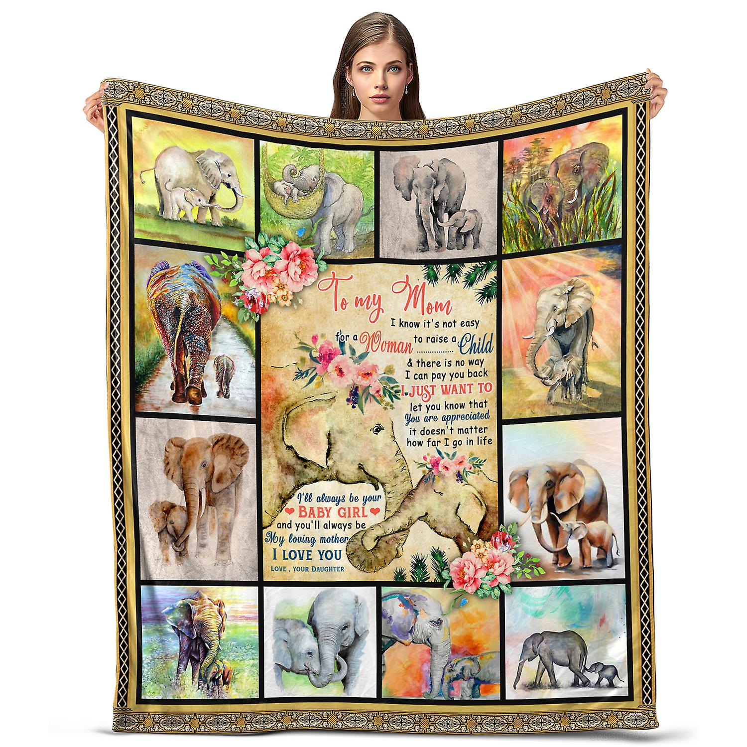 Oasisdream To My Mom Throw Blanket for Home, Travel, Office Use, Mother's Day Gift for Her from Daughter with Elephant and Flower Printing