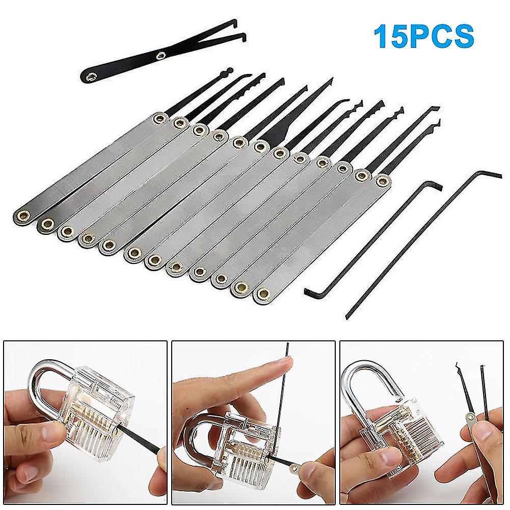 15pcs Lock Pick Set With 2pcs Keys 1pc Clear Training Padlock For Beginner Locksmiths