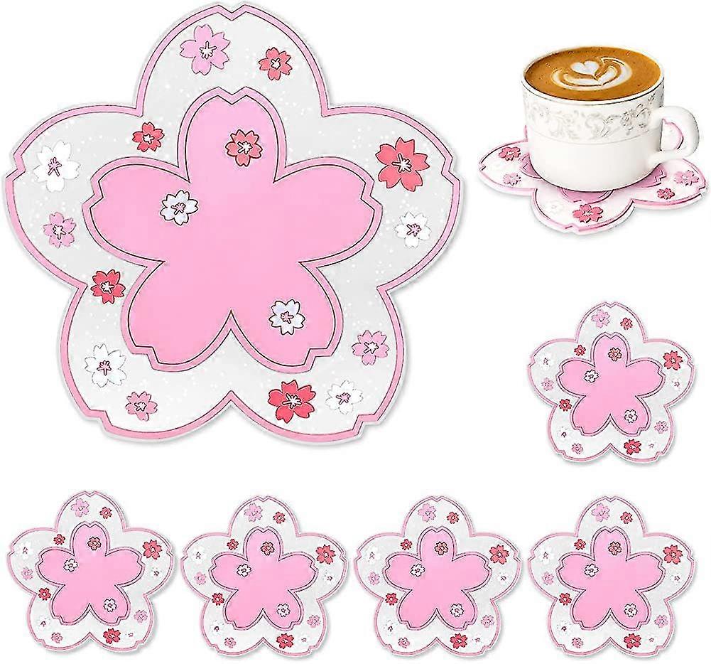 6PCS Sakura Pattern Coasters,Non-Slip Washable Silicone Coasters 11.5*11.5cm
