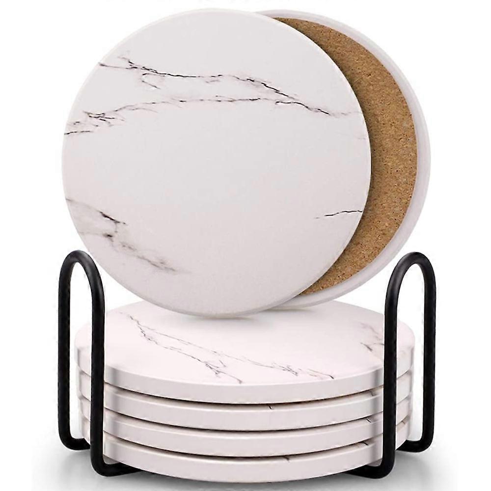 Coasters for Drinks, Ceramic Stone Coaster Set with Metal Holder Stand, Cork Base, Marble Surface P