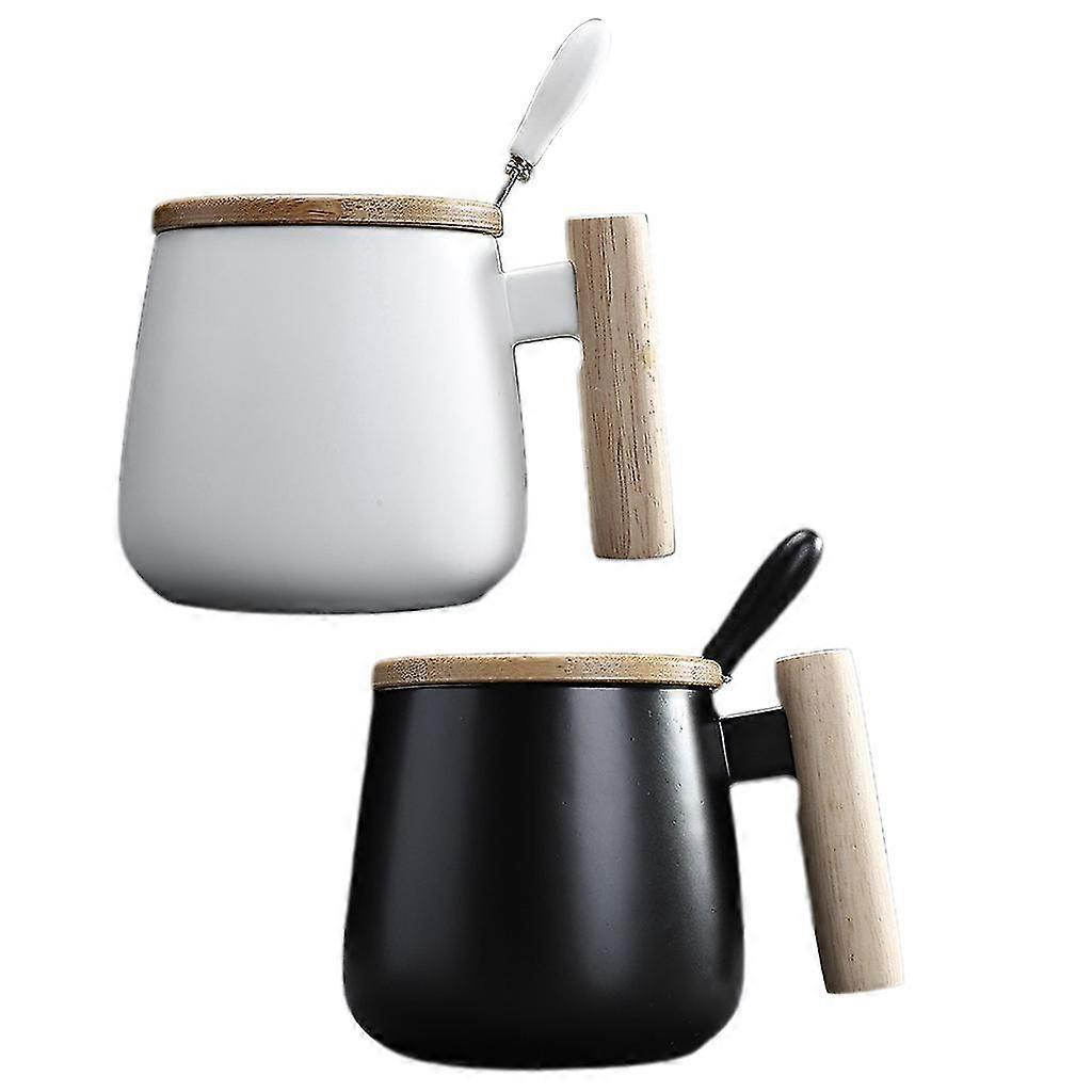 مقبض خشبي السيراميك القدح مكتب المنزل الشاي الحليب فنجان القهوة مع غطاء وملعقة الفولاذ المقاوم للصدأ 400-500ML شرب وير فنجان الهدايا