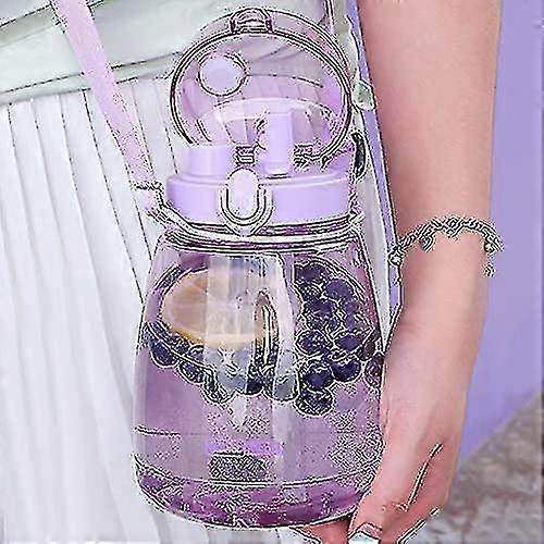 Aesthetic Water Bottles For Women Cute Water Bottles With Straw Plastic Water Jug With Strap Purple