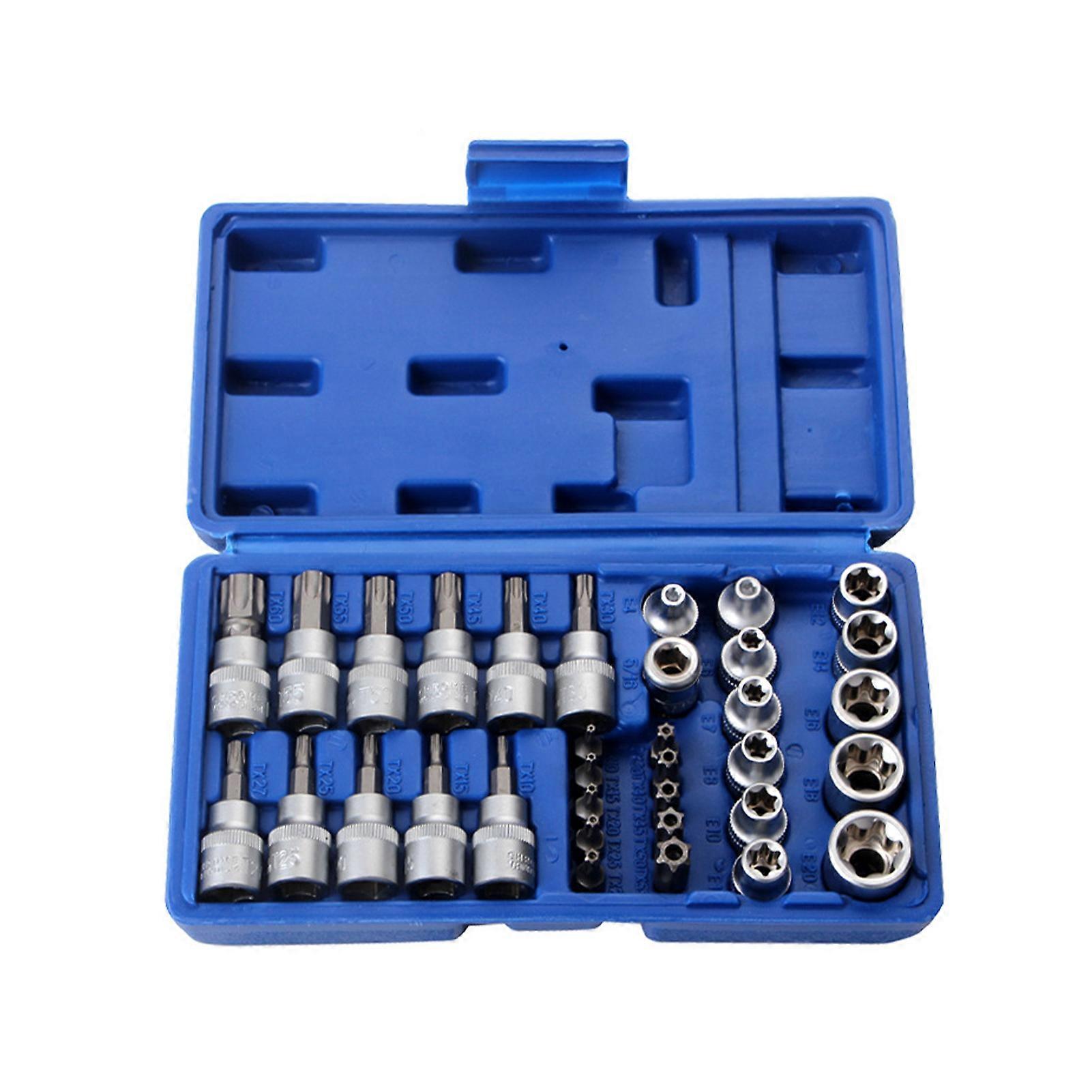 34Pcs E-Torx Sockets Bit Set Male Female E-torx Bits 3/8'' 5/16'' Drive Kit ith Storage Box