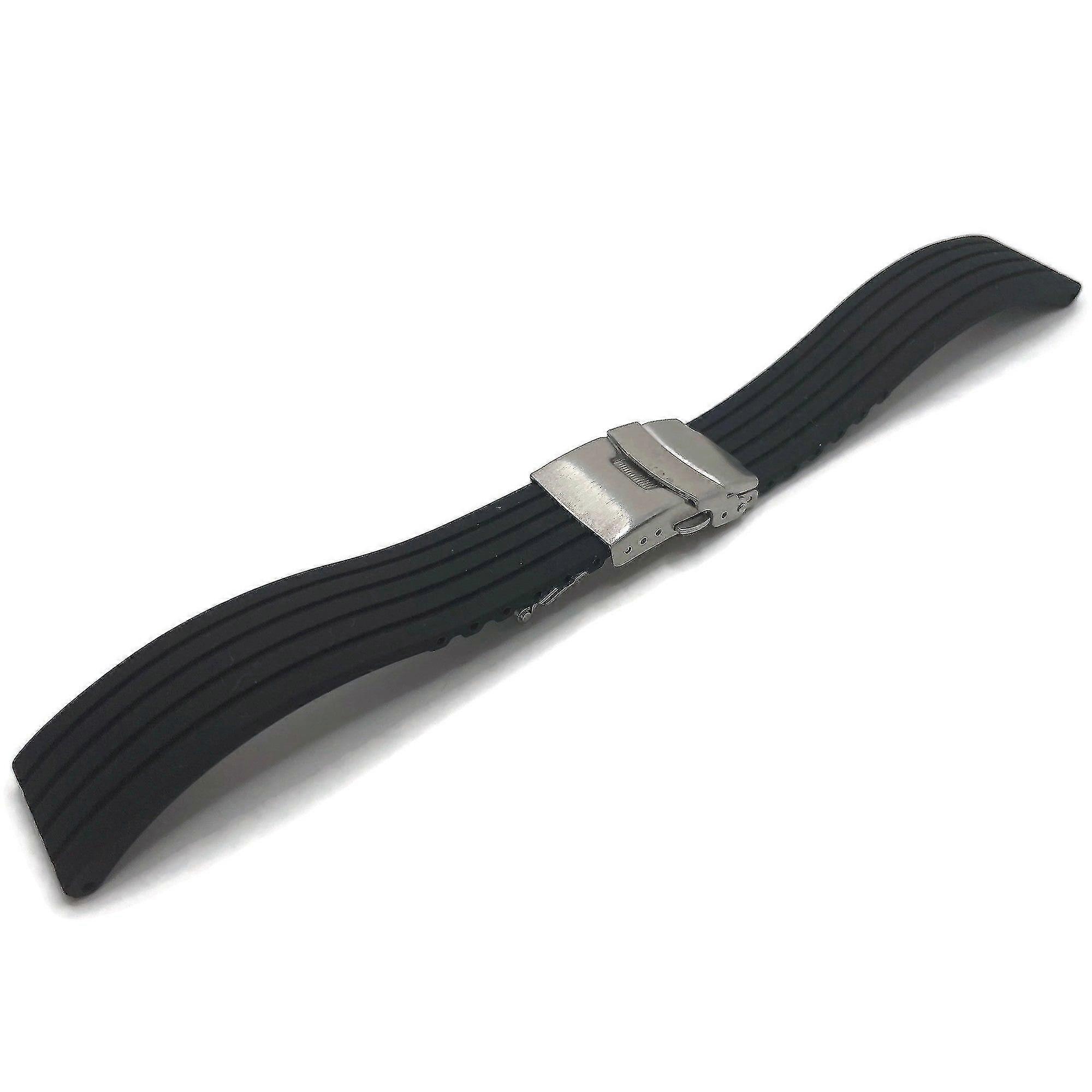 Rubber Watch Strap Black Stripe Pattern With 3 Fold Clasp 20mm