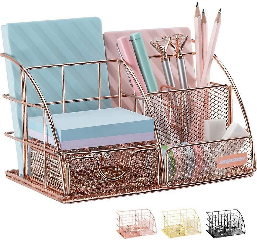 Skrivebordsorganisator i rosegull for kvinner, skrivebordstilbehør i netting med 5 rom + 1 miniskuff.