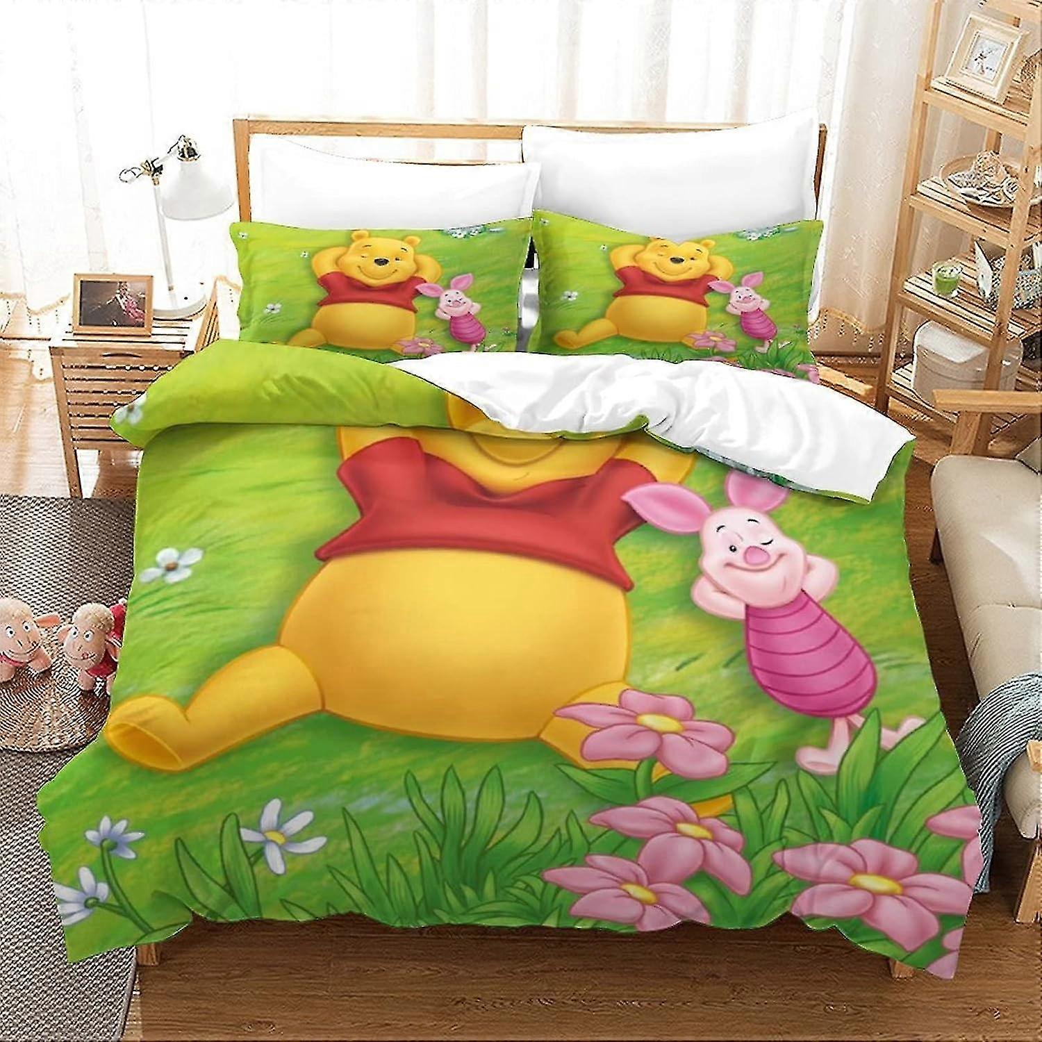 o5235 Lençóis Winnie The Pooh Conjunto de 3 peças Conjunto de Cama Capa de Edredom de Impressão 3D com Zíper Para Adolescentes E Crianças Adultos Capa de Colcha de Microfibra Macia