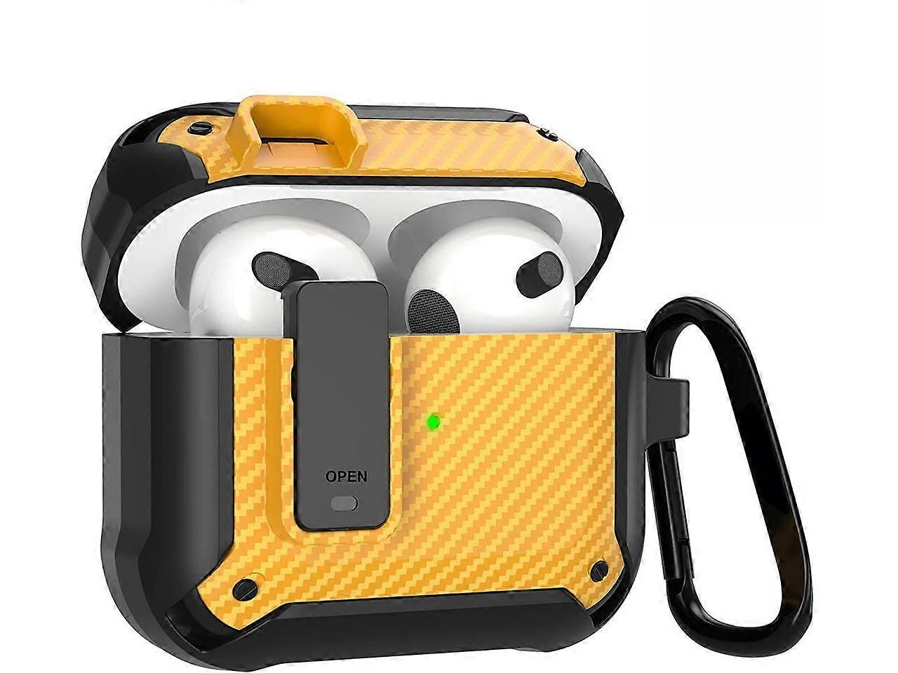 Compatible Airpods 3rd Generation Case with Lock Clip, Carbon Fiber Hard Shell AirPods 3 Case Cover with Keychain for Men Women Cool Shockproof Protec