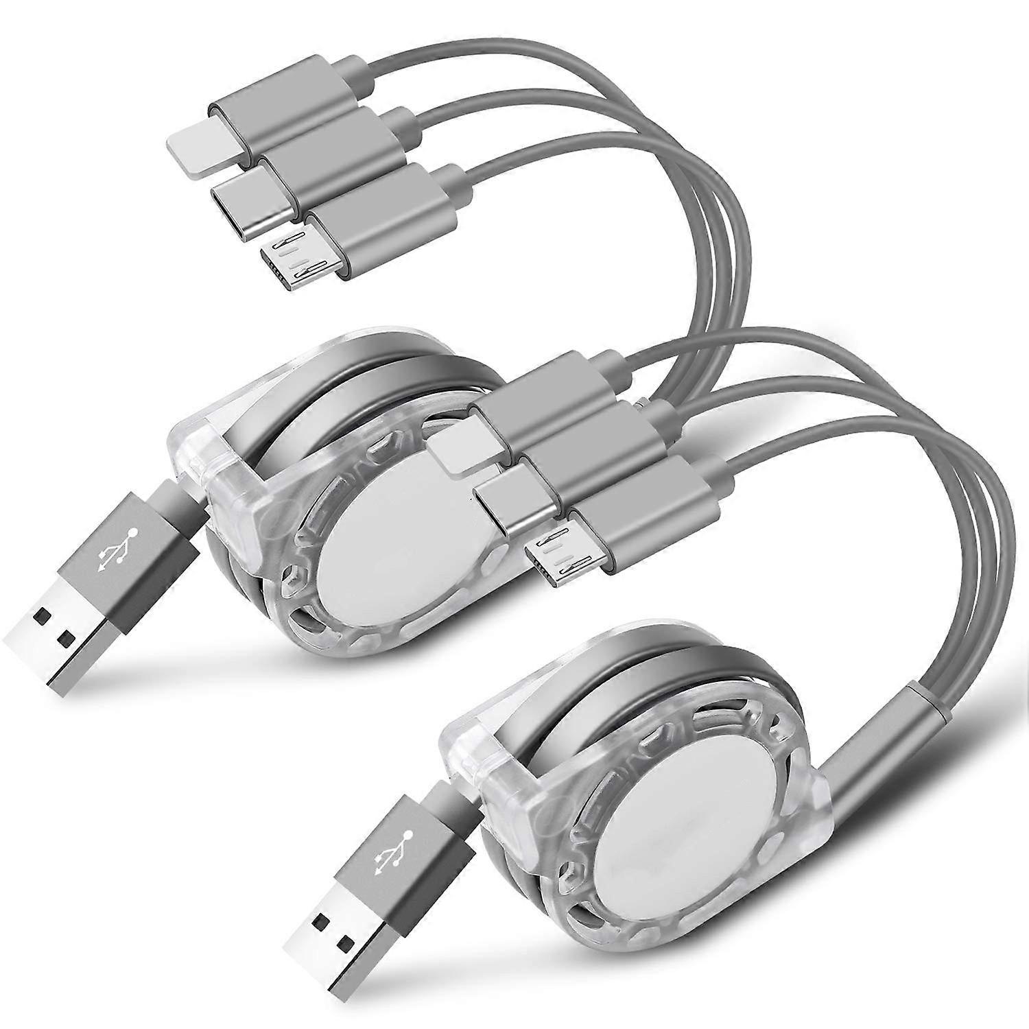 2Pack Multi USB Charger Cable Retractable 3 in 1 Multiple Charging Cord Adapter with Mini Type C Micro USB Port Connectors Compatible with Cell Phones