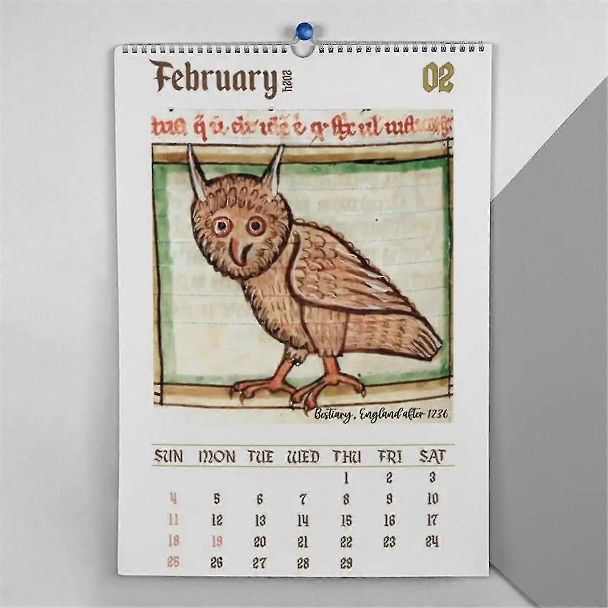 Medieval Ugly Owl Wall Calendar 2024 Dargon New Year Hangable Calendar 2024 12 Month Planner Bird Paintings Gift