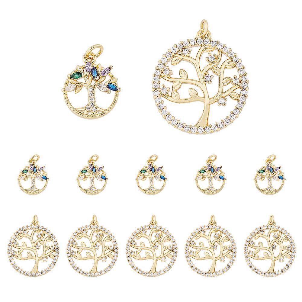 12Pcs 2 Styles Brass Micro Pave Cubic Zirconia Pendants Real 18K Gold Plated Long-Lasting Plated with Jump Ring Ring with Tree Charm Mixed Color 16~25