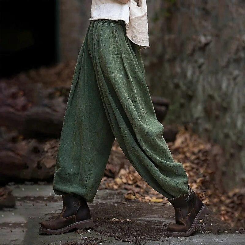 Johnature Women Chinese Style Bloomers Pants Elastic Waist Autumn Linen Trouser Solid Color Patchwork Pockets Pants