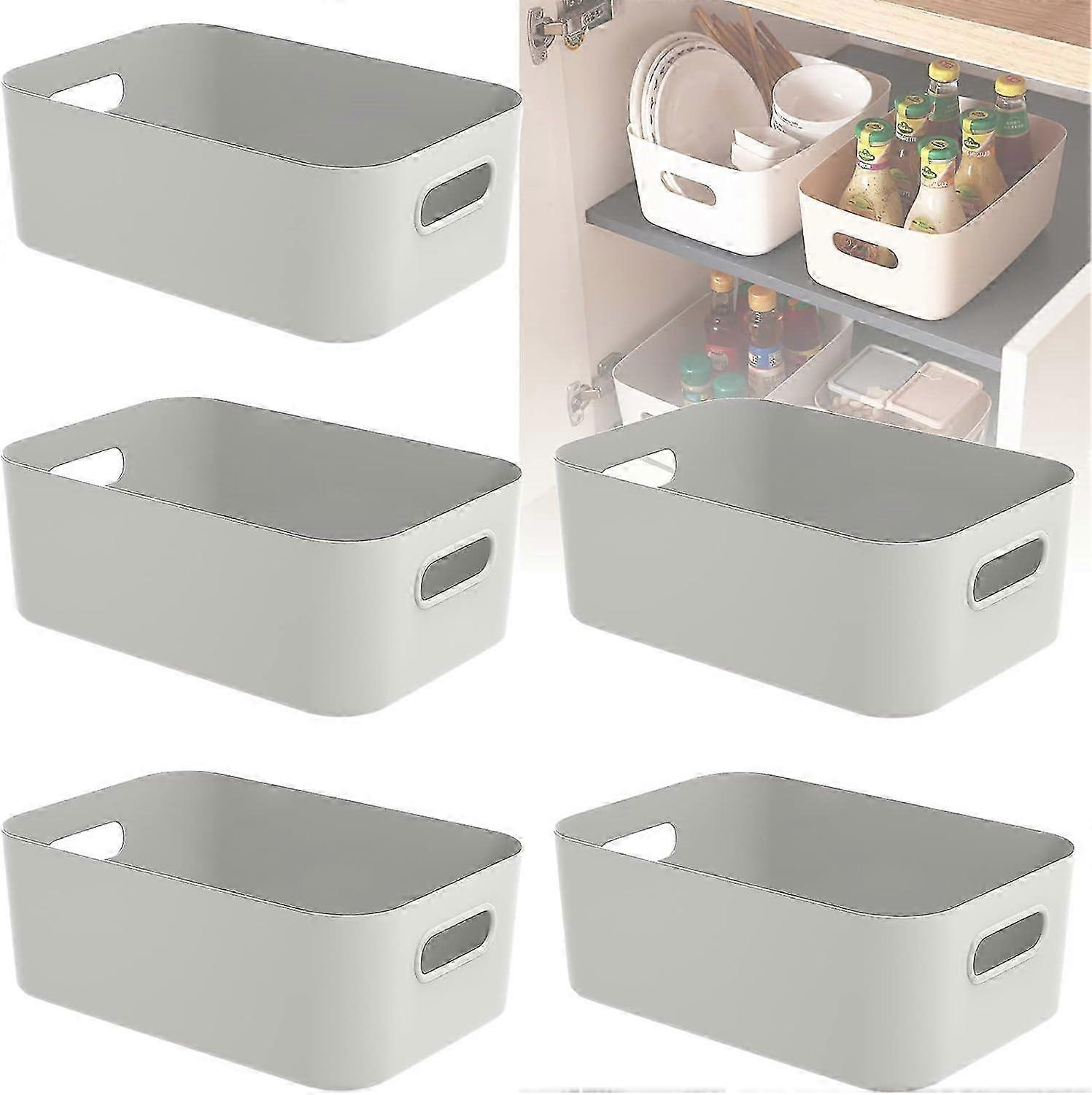 5 PCS Grey Plastic Storage Baskets with Handle, Rectangular Kitchen Organiser, Small Baskets for Storage,Storage Boxes for Kitchen, Fridge, Cupboard h