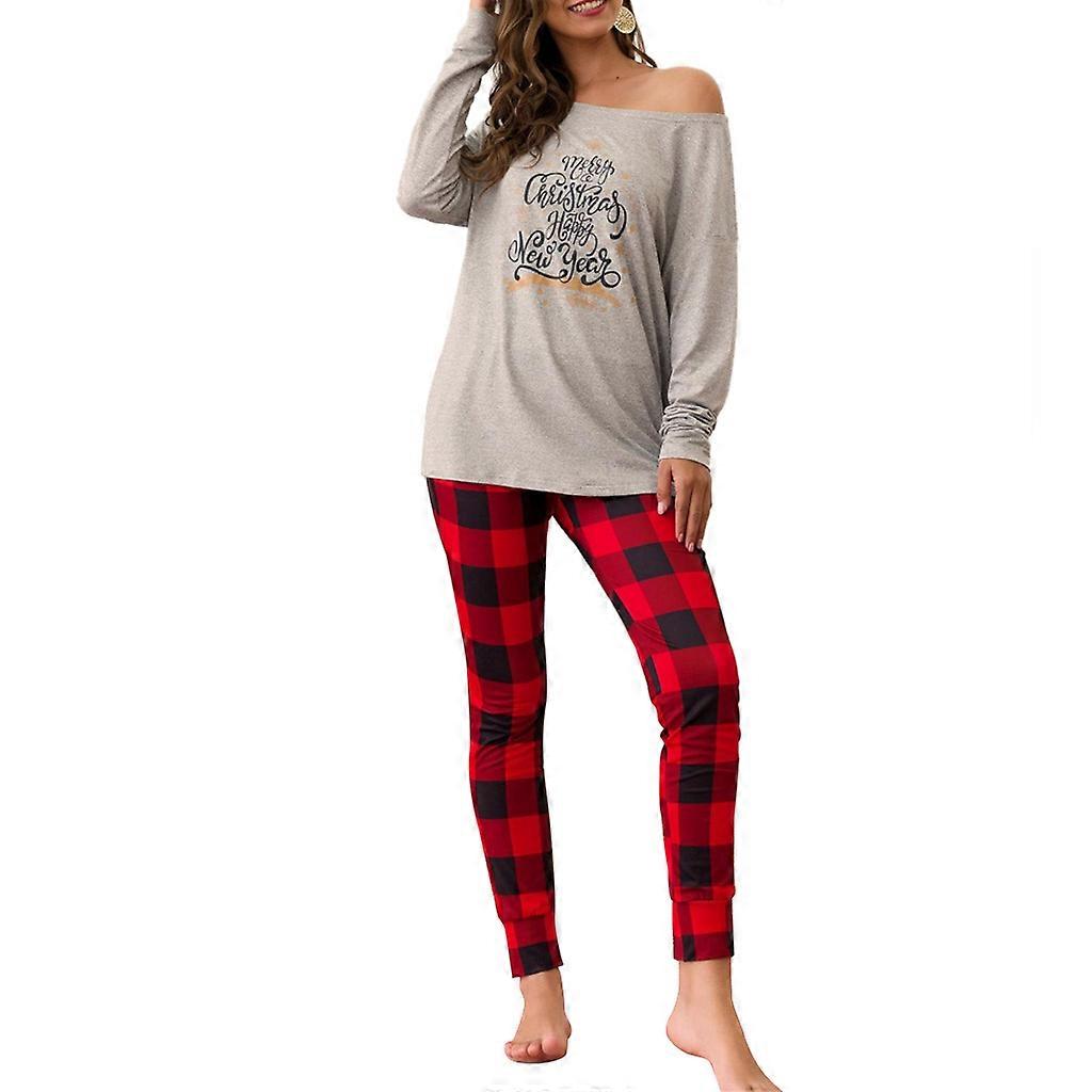 Dam Lounge Set Enaxlad Långärmad Jultryck Grid Byxor Pyjamas Set för Vardagslivet