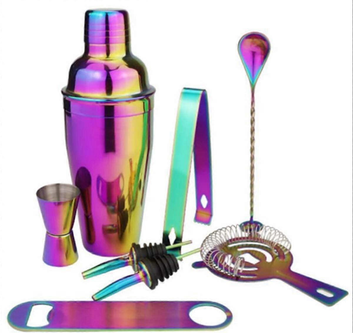 Cocktail Hattle Set Boston-Barmen-Non-Blue Bar-Aelette Set-Rainbow Stainless Steel Cocktail Filter Measure Set Mixing Spoon 8 Pieces