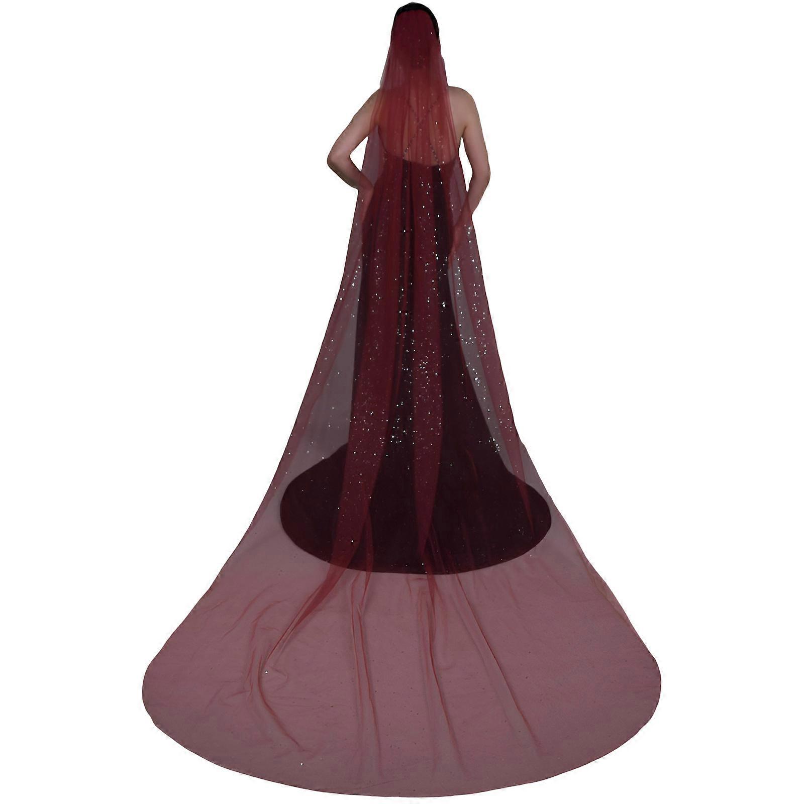 Beau voile de mariage Long voile de mariage Glitter Design Tulle doux pour les mariées et les femmes à la mode Claret
