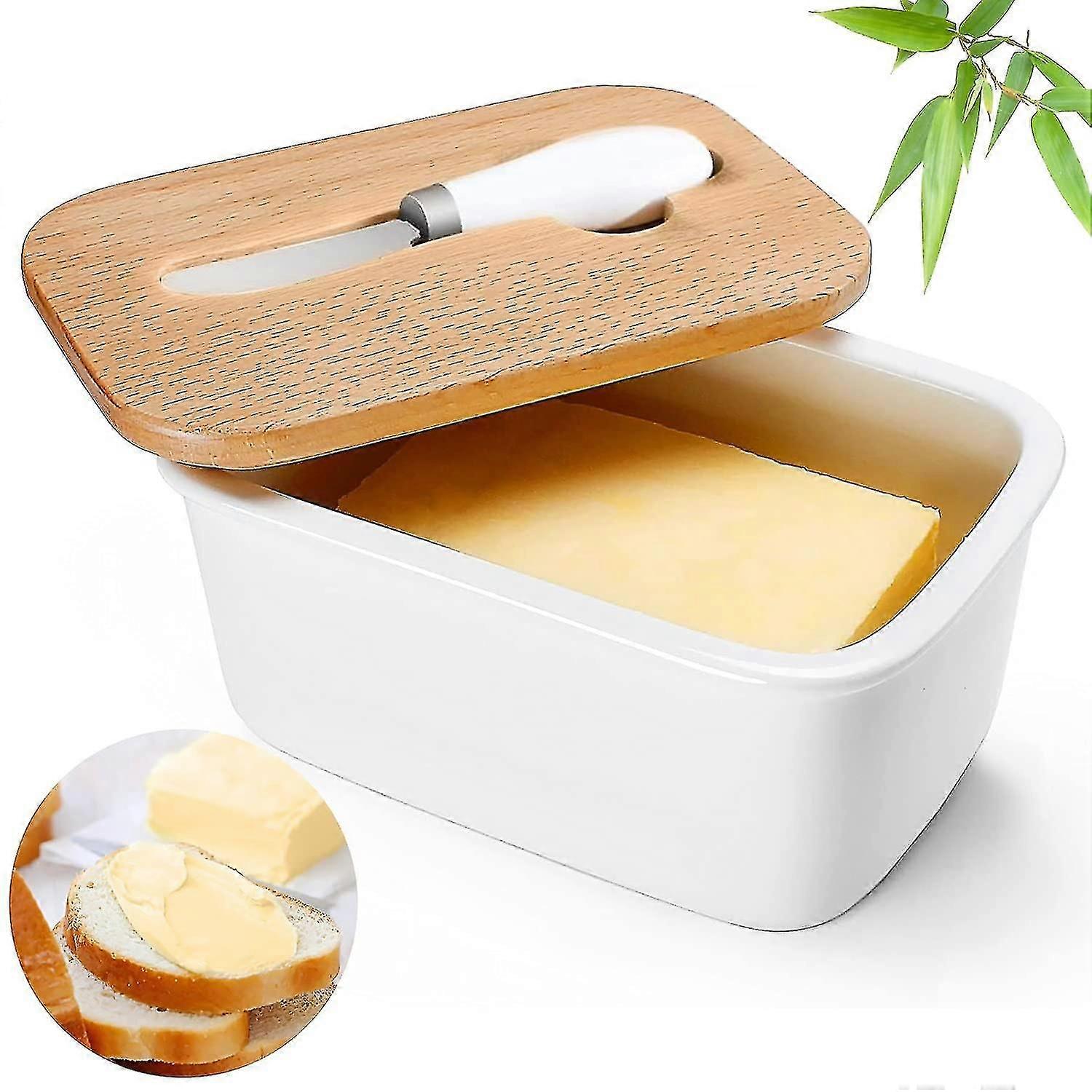 Porcelain Butter Dish, Butter Box With Bamboo Lid And Butter Knife, Butter Container With Silicone Sealing Ring For Placing Butter Cheese Fruit Salad