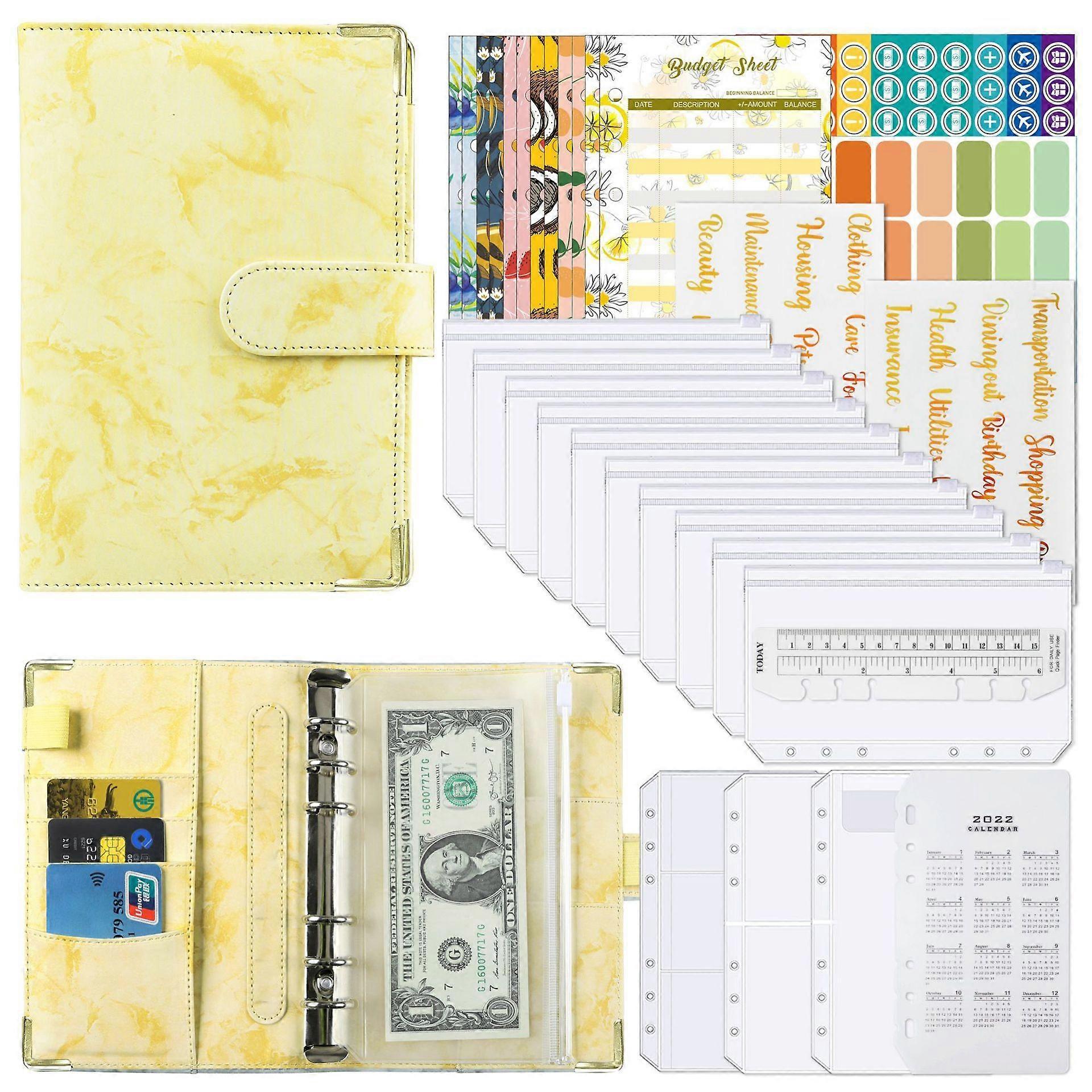 A6 Budget ringbind med lynlås konvolutter, PU læder planlægger ringbind med bindlommer gul 32-delt sæt