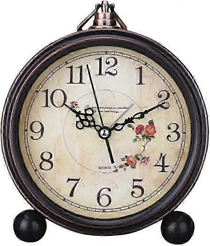 Vintage Retro Table Clock Metal Gold Silent Desk Clock Non Ticking Decorative Mantle Clock Farmhouse Style Table Clock (1pc, dark brown)