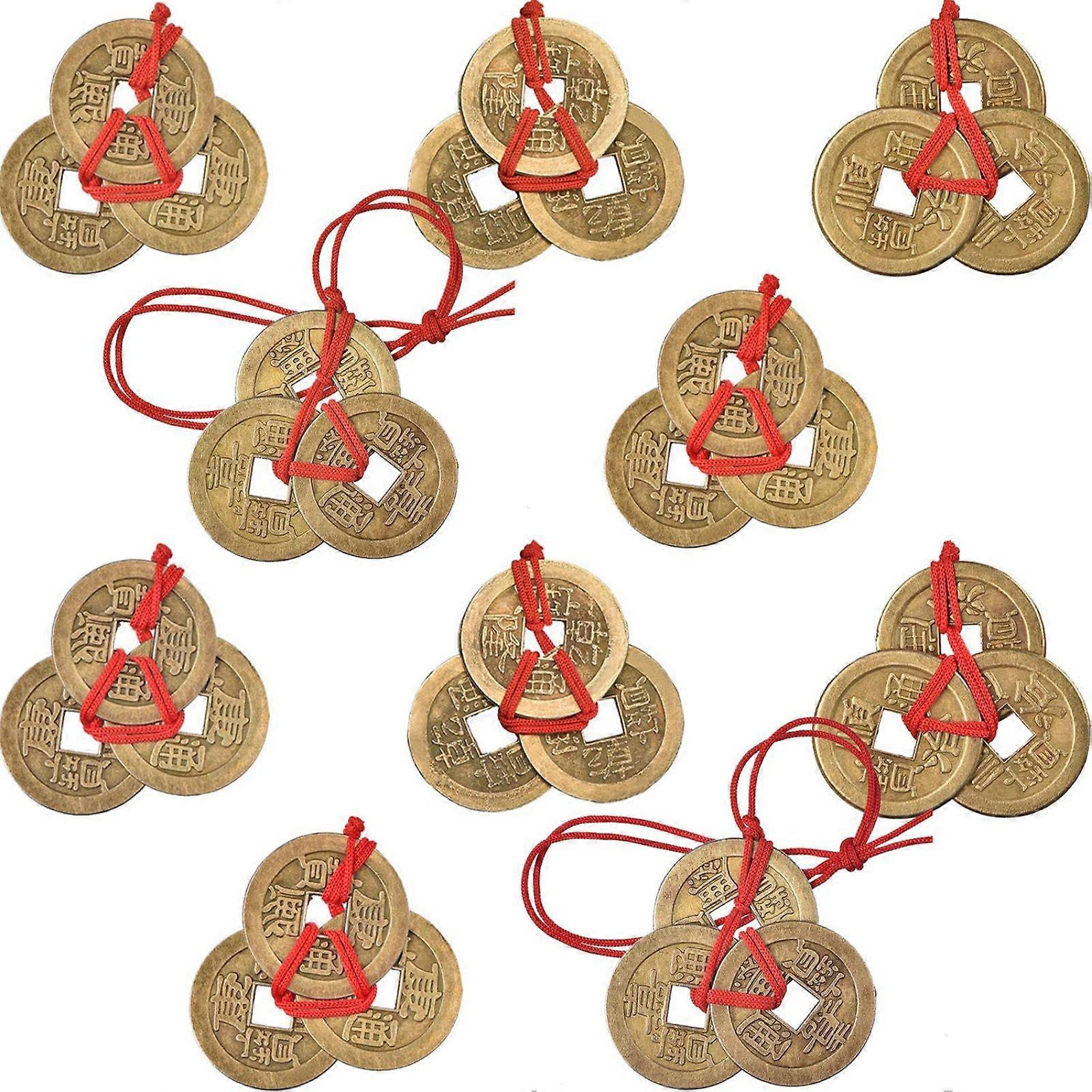 Ensemble de pièces de monnaie chinoises Feng Shui Pièces de cuivre porte-bonheur avec fil rouge Paquet de 10 pièces de monnaie triples traditionnelles attachées décoration pour la prospérité et le tissage